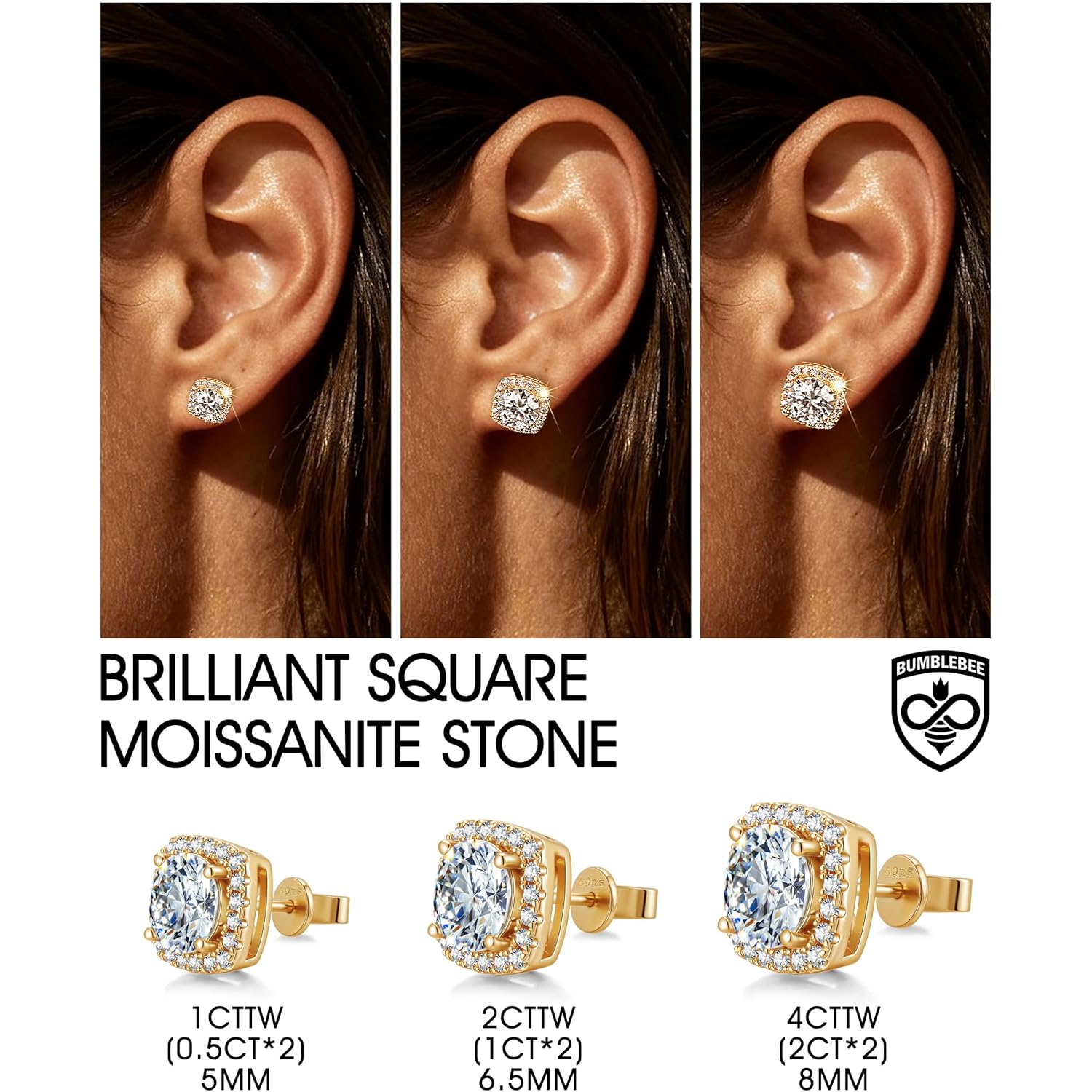 BUMBLEBEE Handmade 925 Sterling Silver Moissanite Studs Earrings for Women and Men, 14K Gold Plated, 1–4 CTTW VVS1, Hypoallergenic, Jewelry Gift for Anniversary, Birthday, Valentine’s Day