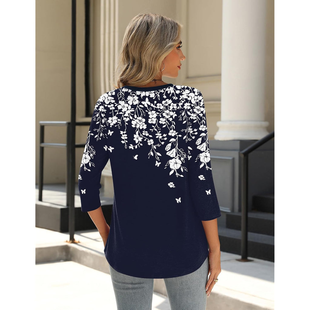 Zeagoo 3/4 Length Sleeve Womens Tops Crew Neck Loose Fit Shirts Pleated Cute Clothes Dressy Casual 2026 Summer Tunics