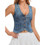 Denim Vest Sleeveless Jean Vest Top For Women V Neck Button Down Cropped Denim Top With Pockets