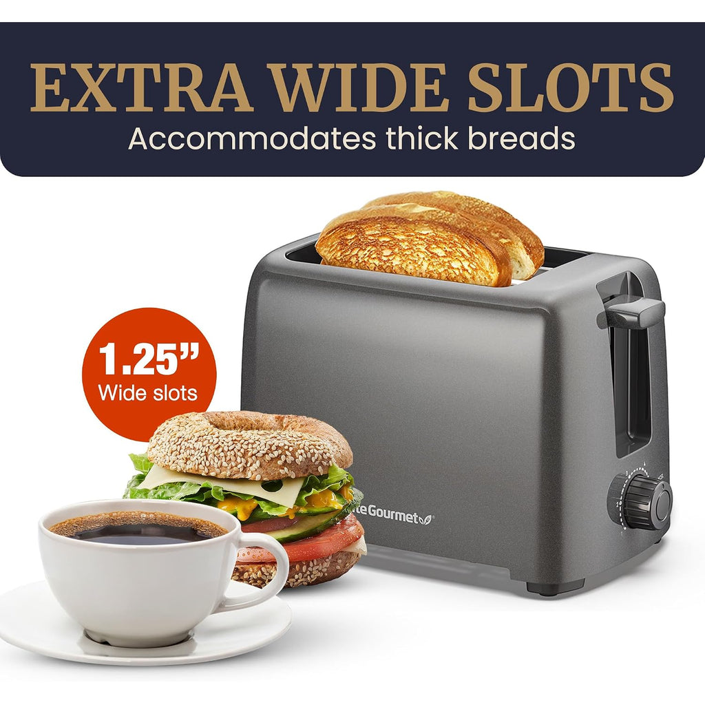 Elite Gourmet Ect1027G Cool-Touch 2 Slice Toaster, 6 Toast Settings & Cancel Function, Extra Wide 1.25” Slots Easily Fits Breads, English Muffins, Bagels & Waffles, Gunmetal Gray