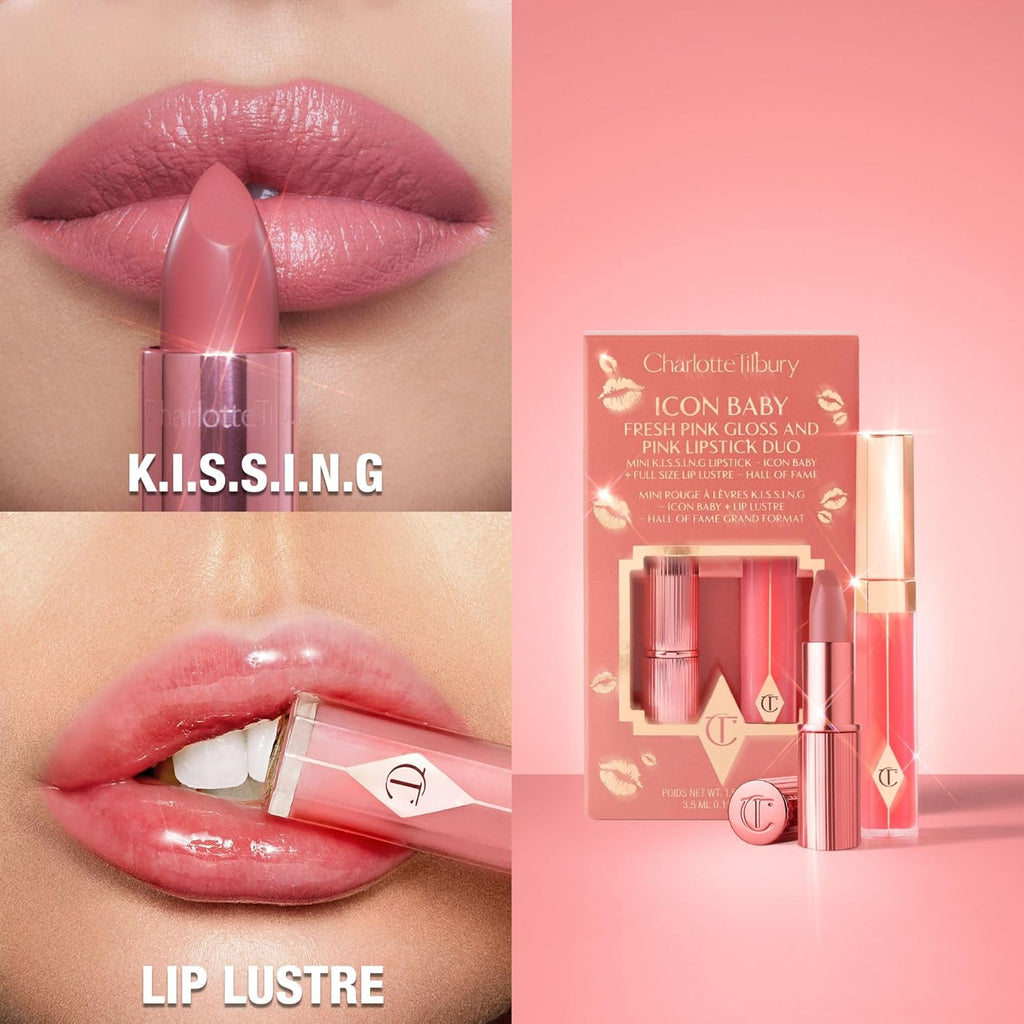 Charlotte Tilbury Icon Baby Lip Duo Kit - Mini K.I.S.S.I.N.G Satin Shimmer Lipstick & Full Size Hall of Fame High Shine Gloss Set - Hydrating Long Lasting Makeup Duo for On-the-Go Glossy Shine
