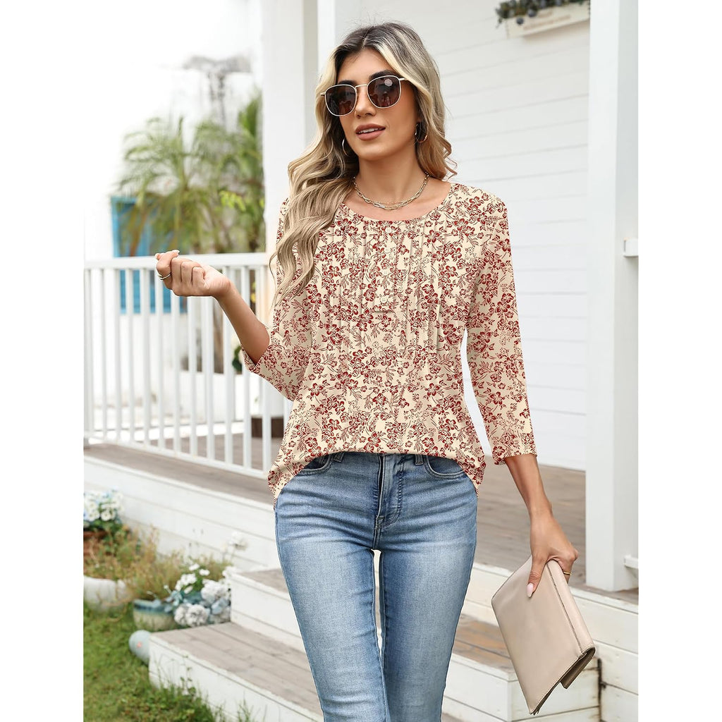 Ivicoer Women'S 3/4 Length Sleeve Tops Crewneck Button Pleated Dressy Casual Blouses