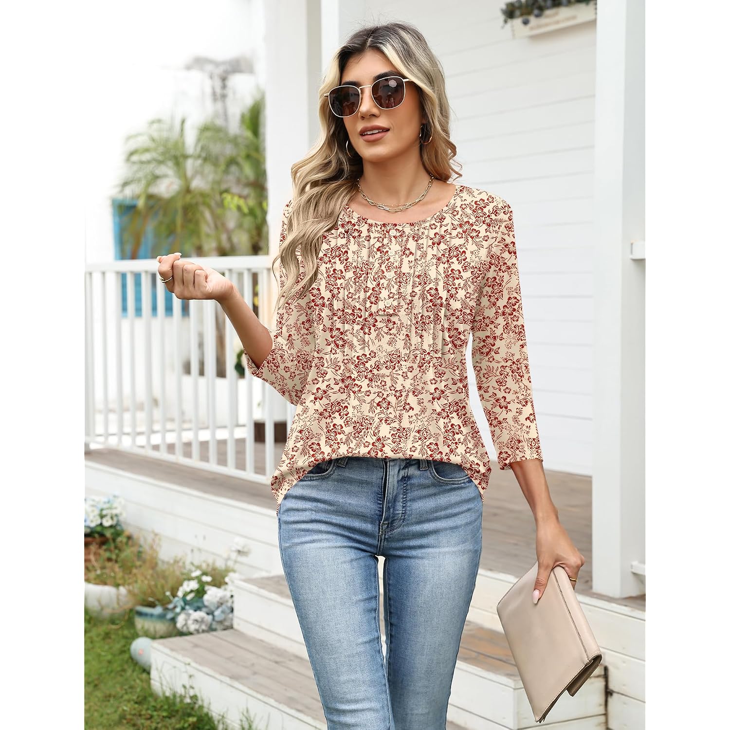 Ivicoer Women'S 3/4 Length Sleeve Tops Crewneck Button Pleated Dressy Casual Blouses