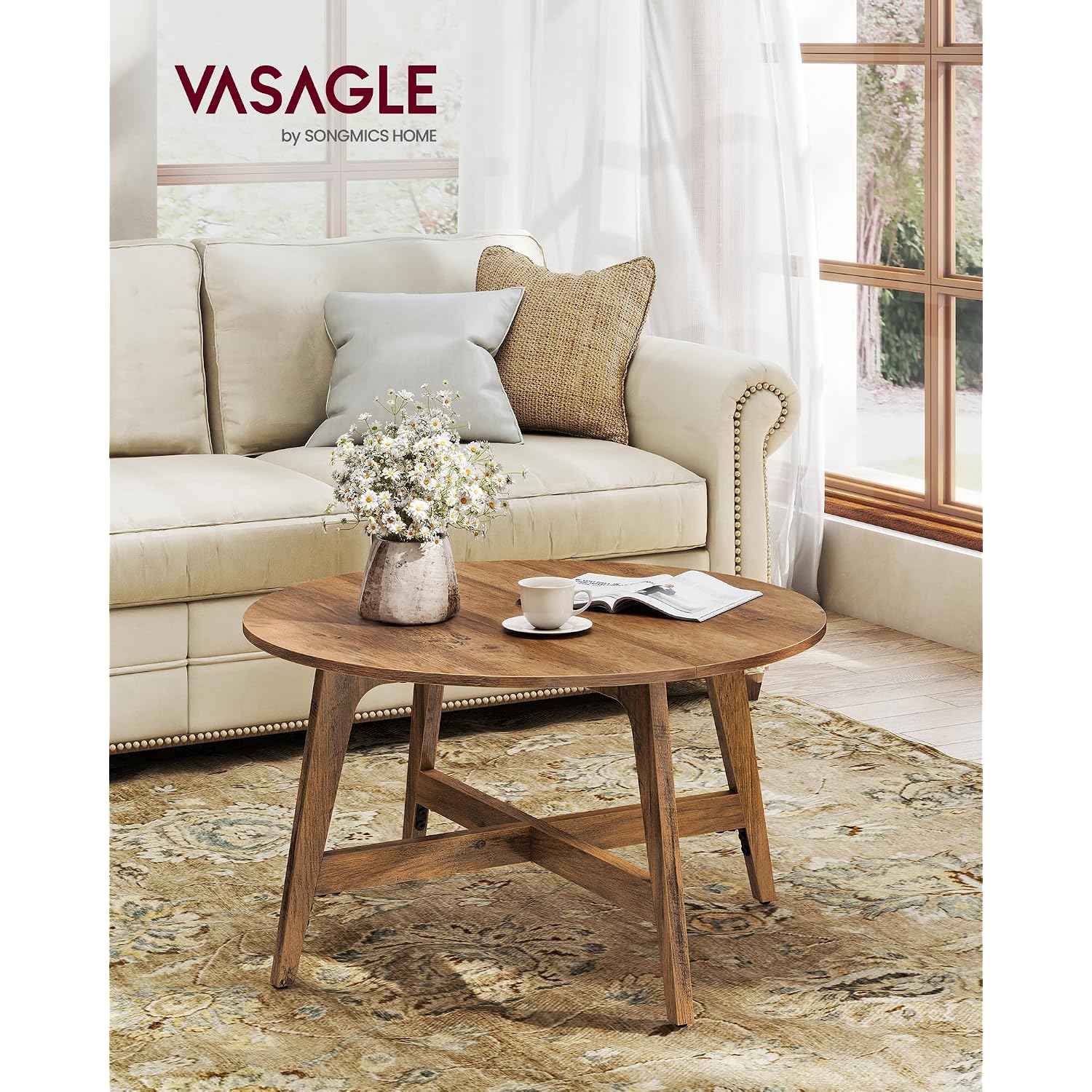 Vasagle Maezo Collection - Round Coffee Table, 31.5-Inch Center Table, Tapered Legs, Curved Transitions, Easy To Assemble, For Living Room, Honey Brown Ulct251Kb01S