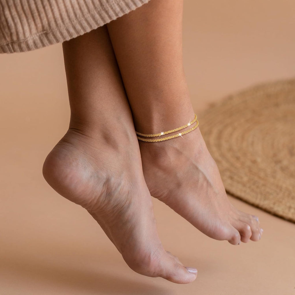 Robaice Ankle Bracelets for Women, Glitter Waterproof Adjustable Anklet for Women, 14K Gold Plated/Sterling Silver Layered Anklets, Summer Beach Anklet Jewelry for Women Gift