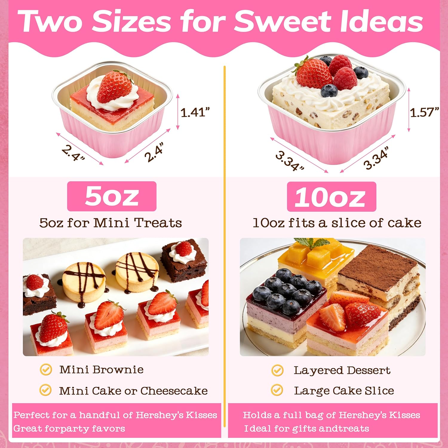 NPLUX 50 Pcs Mini Cake Pans with Lids and Spoons Aluminum Foil Mini Square Baking Cups with Lids Disposable Ramekins Cake Pans Dessert Cups for Wedding(Pink,5oz)