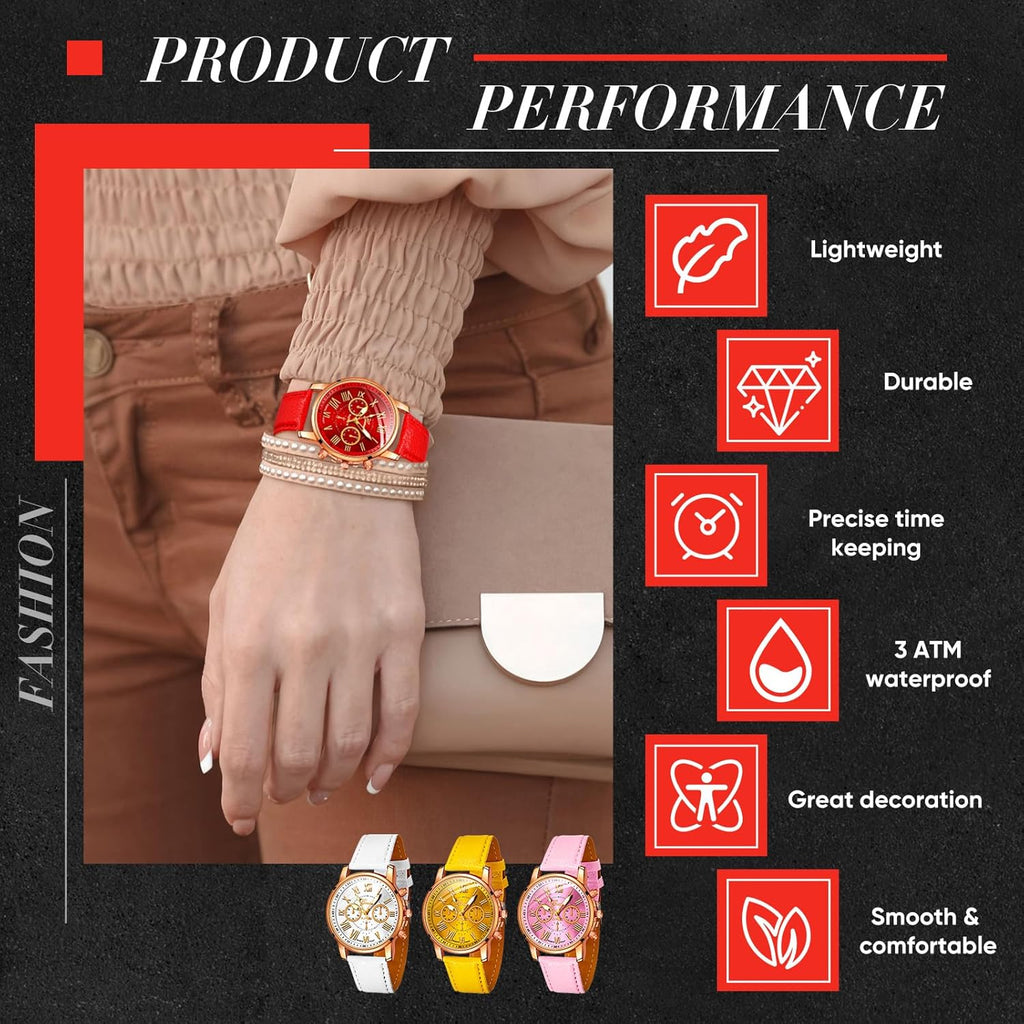 Yinkin 10 Pcs Assorted Platinum Watch Unisex Quartz Watch Sets for Women Men Ladies Watches Roman Numerals PU Leather Women's Wrist Watches