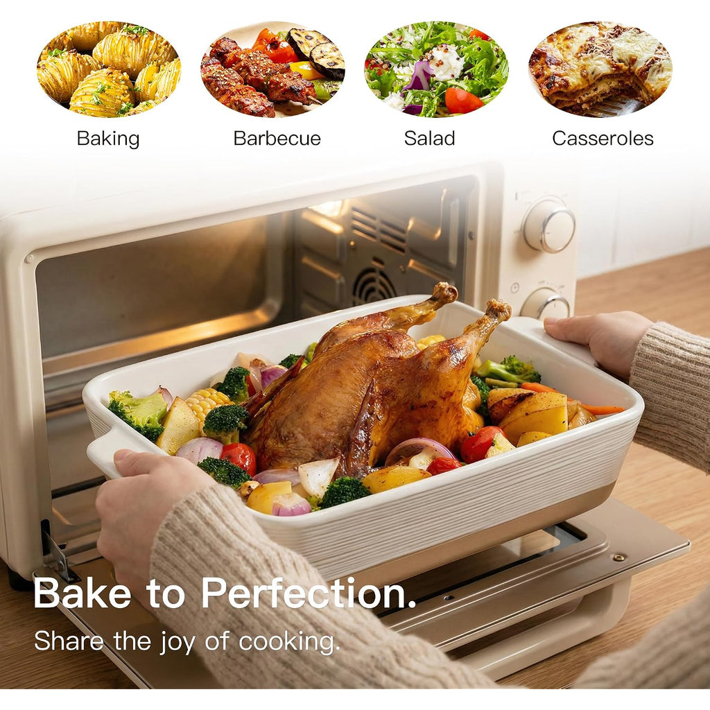 Casserole Dish For Oven, 4.2 Qt Baking Dish, 9X13 Large Porcelain Baking Pan, Durable Rectangular Lasagna Pan Deep With Handles, Microwave Oven Safe, Home Decor, Wedding Gift (Khaki & White)