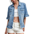 Short Sleeve Denim Jacket For Women Lightweight Blue Jean Jackets Ruffle Sleeve Denim Shirt Summer Top