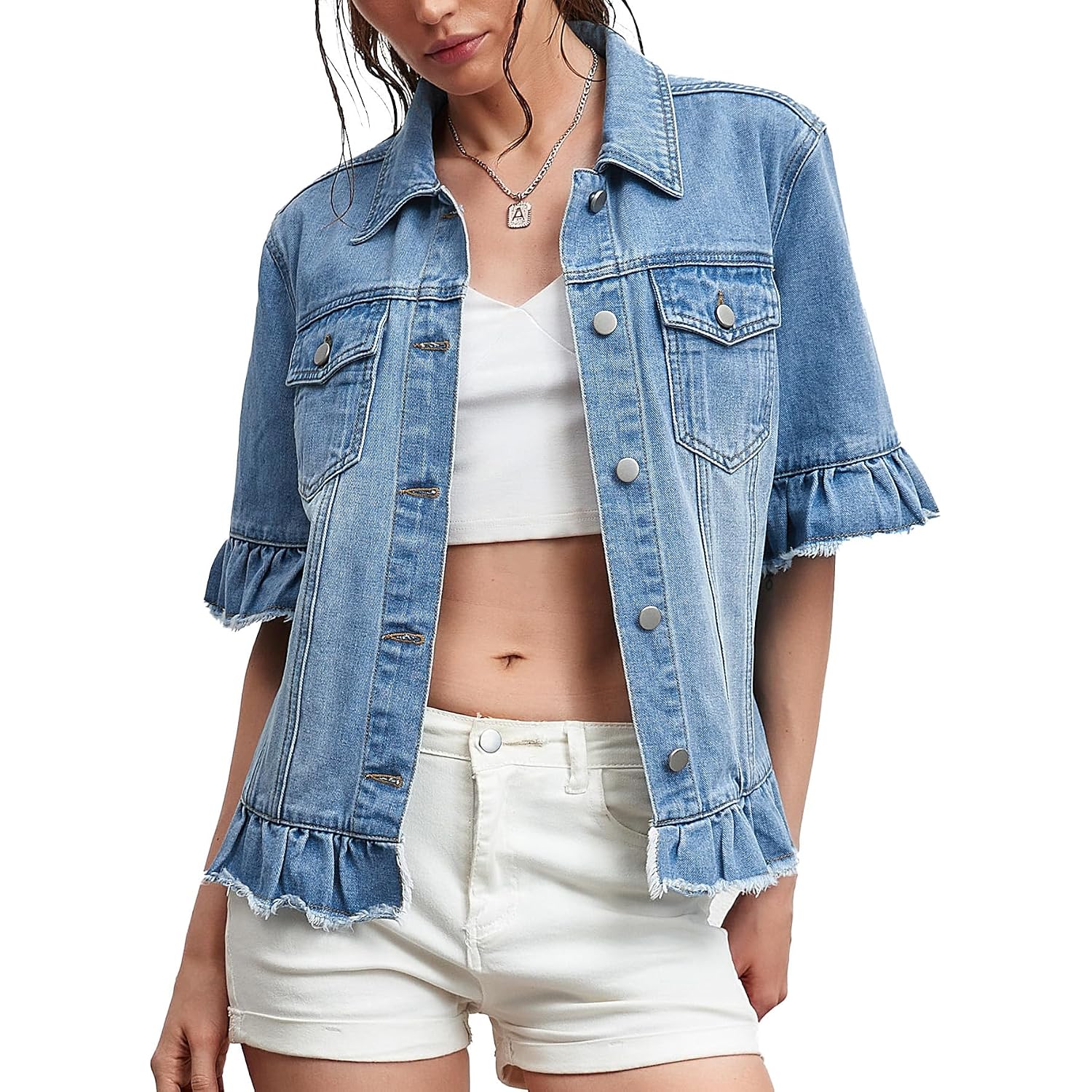 Short Sleeve Denim Jacket For Women Lightweight Blue Jean Jackets Ruffle Sleeve Denim Shirt Summer Top