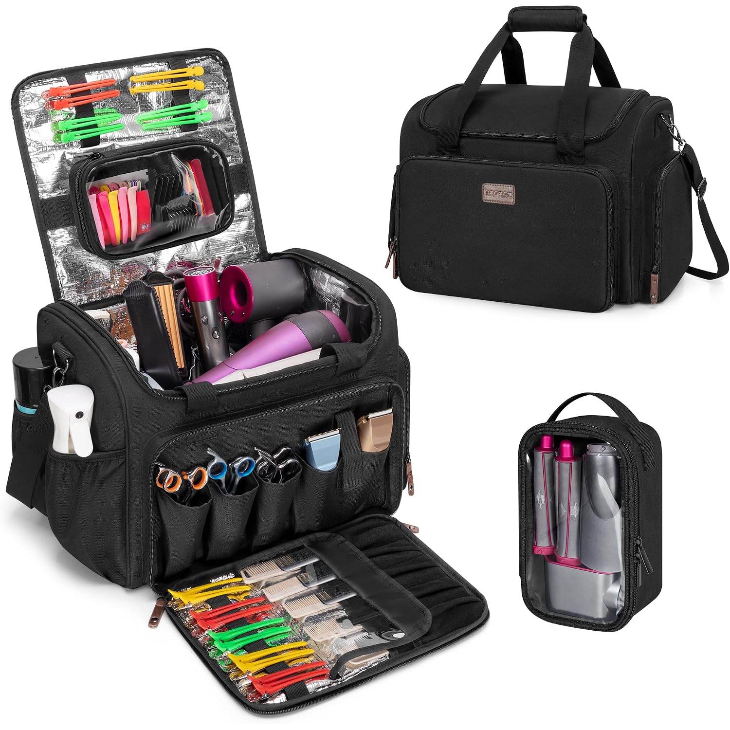 Large Insulated Hairdresser Bag With A Semi Detachable Divider And 2 Removable Pouches, Hairstylist Traveling Bag Holds Various Hair Cutting Tools, Black