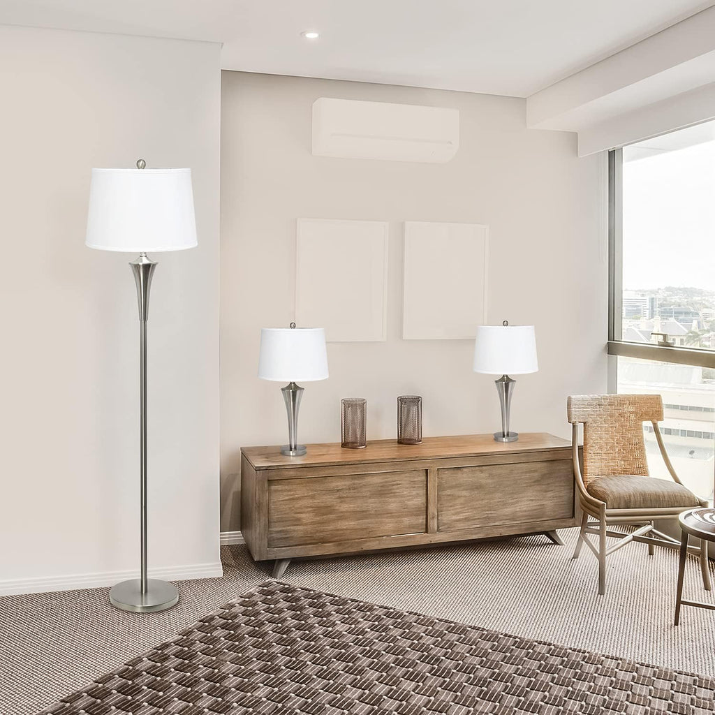 Elegant Designs Lc1020-Bsn Tapered 3 Pack Lamp Set (2 Table Lamps, 1 Floor Lamp) With White Fabric Shades, Brushed Nickel