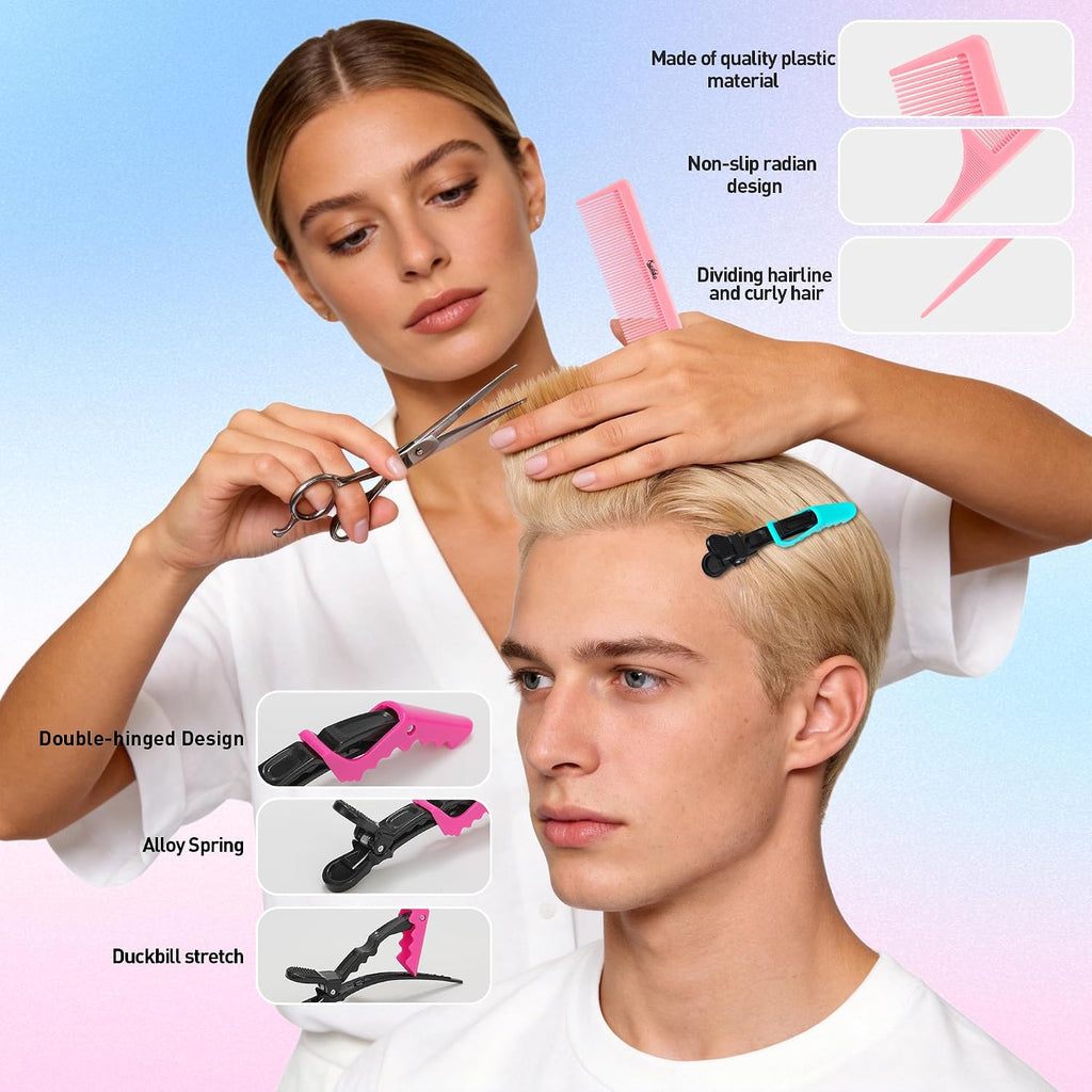 10Pcs Rat Tail Comb Hair Clips Set:3 Anti-Static, Heat-Resistant Carbon Fiber Parting Comb And 7 Sectioning Hair Clips Suitable For Precision Sectioning, Coloring, Braiding, And Daily Styling