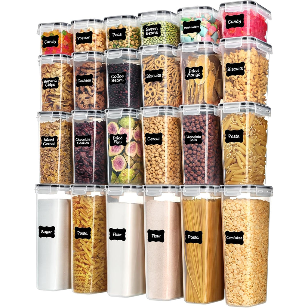 Airtight Food Storage Containers with Lids, Vtopmart 24 pcs Plastic Kitchen and Pantry Organization Canisters for Cereal, Dry Food, Flour and Sugar, BPA Free, Includes 24 Labels，Black