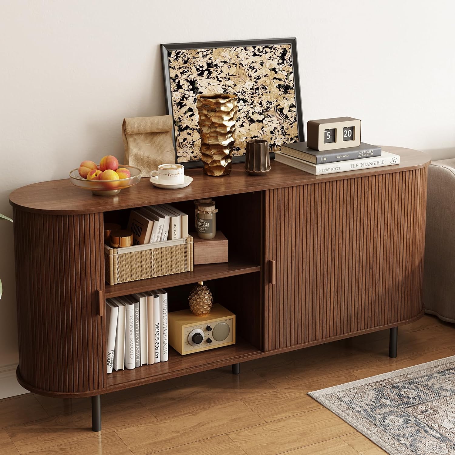 63" Sideboard Buffet Cabinet With Storage, Storage Cabinet With Sliding Door & Adjustable Shelf, Modern Accent Coffee Bar Console Table For Kitchen, Entryway, Walnut