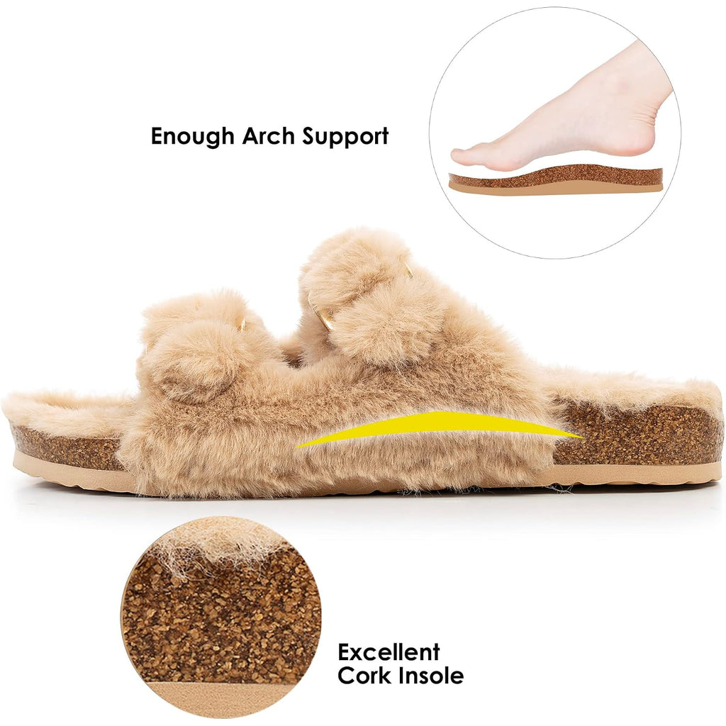 Fitory Womens Open Toe Slipper With Cozy Lining,Faux Rabbit Fur Cork Slide Sandals Size 6-11