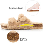 Fitory Womens Open Toe Slipper With Cozy Lining,Faux Rabbit Fur Cork Slide Sandals Size 6-11