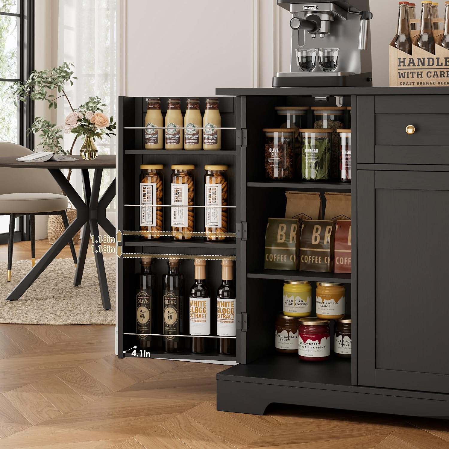 Hostack 54"W Kitchen Buffet Cabinet With Storage, Coffee Bar Cabinet, Black | Dual Swing-Out Door Racks, Large Drawer & Adjustable Shelves, Modern Sideboard Storage Cabinet For Dining Room, Living Room