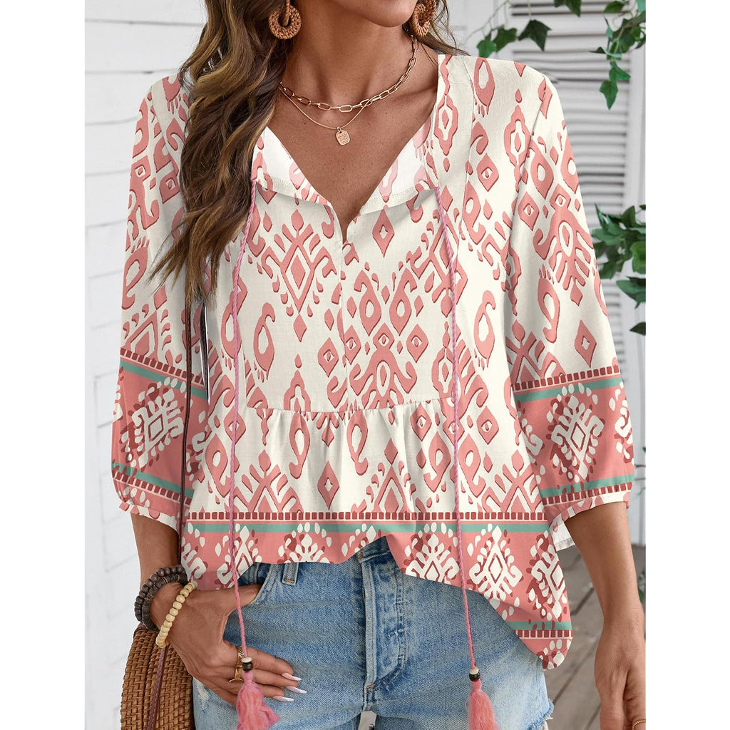 Rapbin Women Summer Boho Tops 3/4 Sleeve Pleated Blouses Casual V Neck Tie Front Spring Tunic Tops