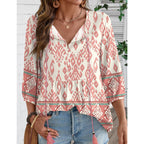 Rapbin Women Summer Boho Tops 3/4 Sleeve Pleated Blouses Casual V Neck Tie Front Spring Tunic Tops