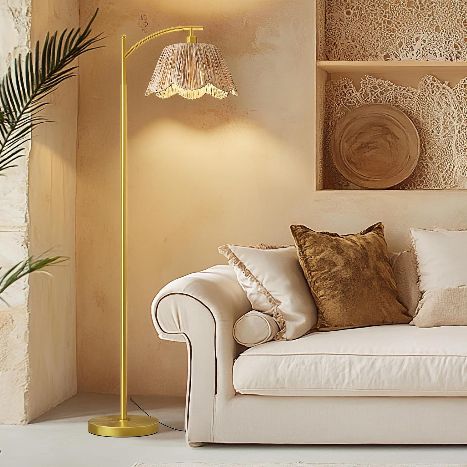 Arc Floor Lamp For Living Room,Rattan Boho Floor Lamp Decor With Hand-Woven Shade, Foot Switch,Gold Metal Base & Pole,Farmhouse Standing Lamp For Bedroom Corner,Reading