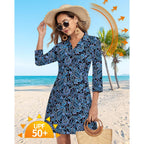 Woweny 3/4 Sleeve Dress For Women With Pockets V Neck Upf 50+ Casual Sun Dress Breathable Quick Dry Beach Vacation