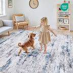 Area Rug Living Room Rugs: 5X7 Large Soft Indoor Carpet Modern Abstract Rug With Non Slip Rubber Backing For Under Dining Table Nursery Home Office Bedroom White Gray Blue