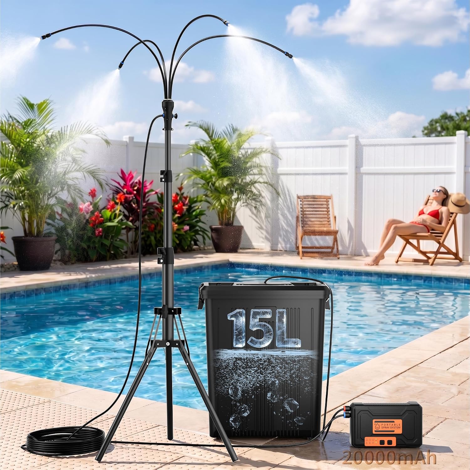 Westtree Standing Misters For Outside Patio, 4 Gallon Large Bucket Water Mister & Pump, 4+4 Spray Modes,Adjustable Height15Ft Patio Portable Misters For Cooling Outdoor Camping Pool Backyard Garden