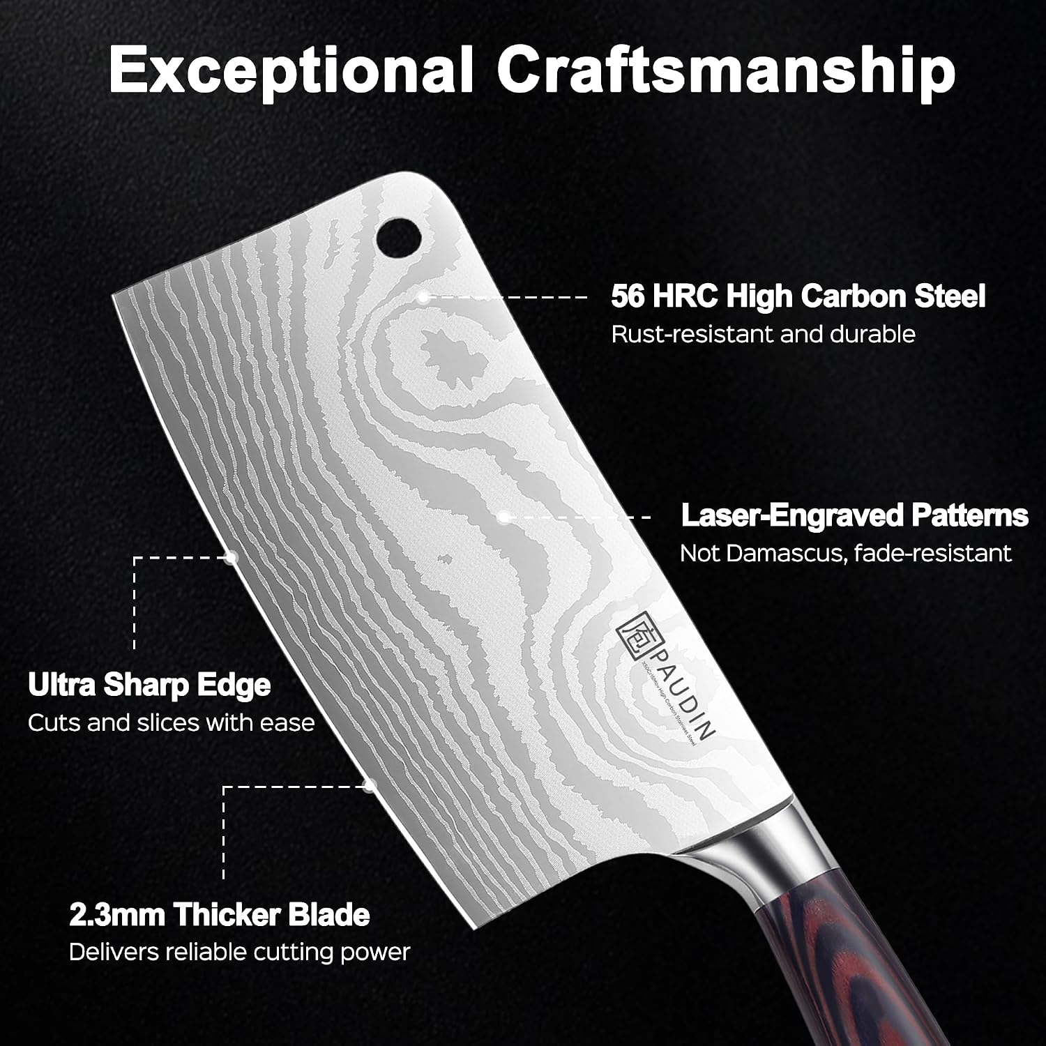 Paudin Cleaver Knife, Ultra Sharp Meat Cleaver 7 Inch, High Carbon Stainless Steel Butcher Knife With Wooden Handle, Chinese Cleaver For Meat Cutting Vegetable Slicing