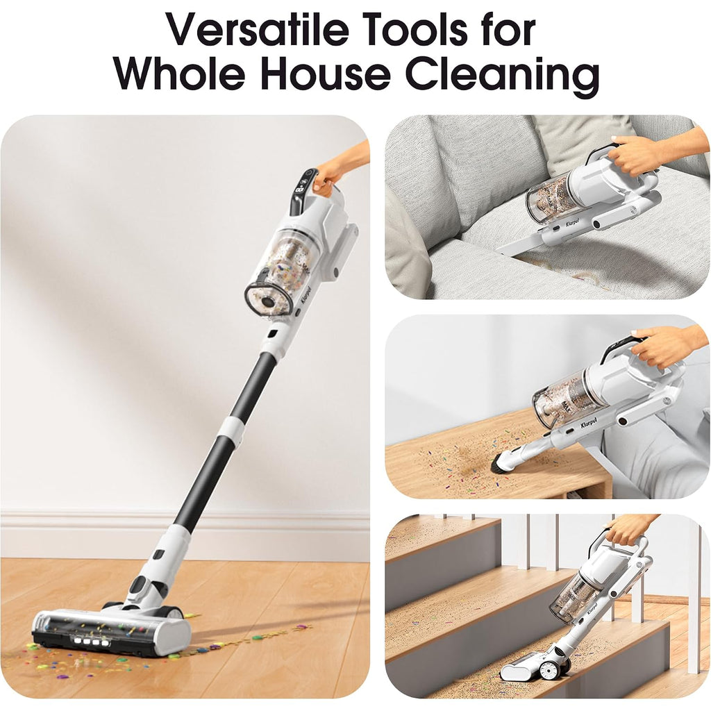 Klarpul Cordless Vacuum Cleaner, 2 Batteries 140 Mins Runtime 600W 50Kpa Stick Vacuum Cordless, Self-Standing Vacuum Cleaners For Home With 2.5H Fast Charging, For Floor/Carpet/Pet Hair, White