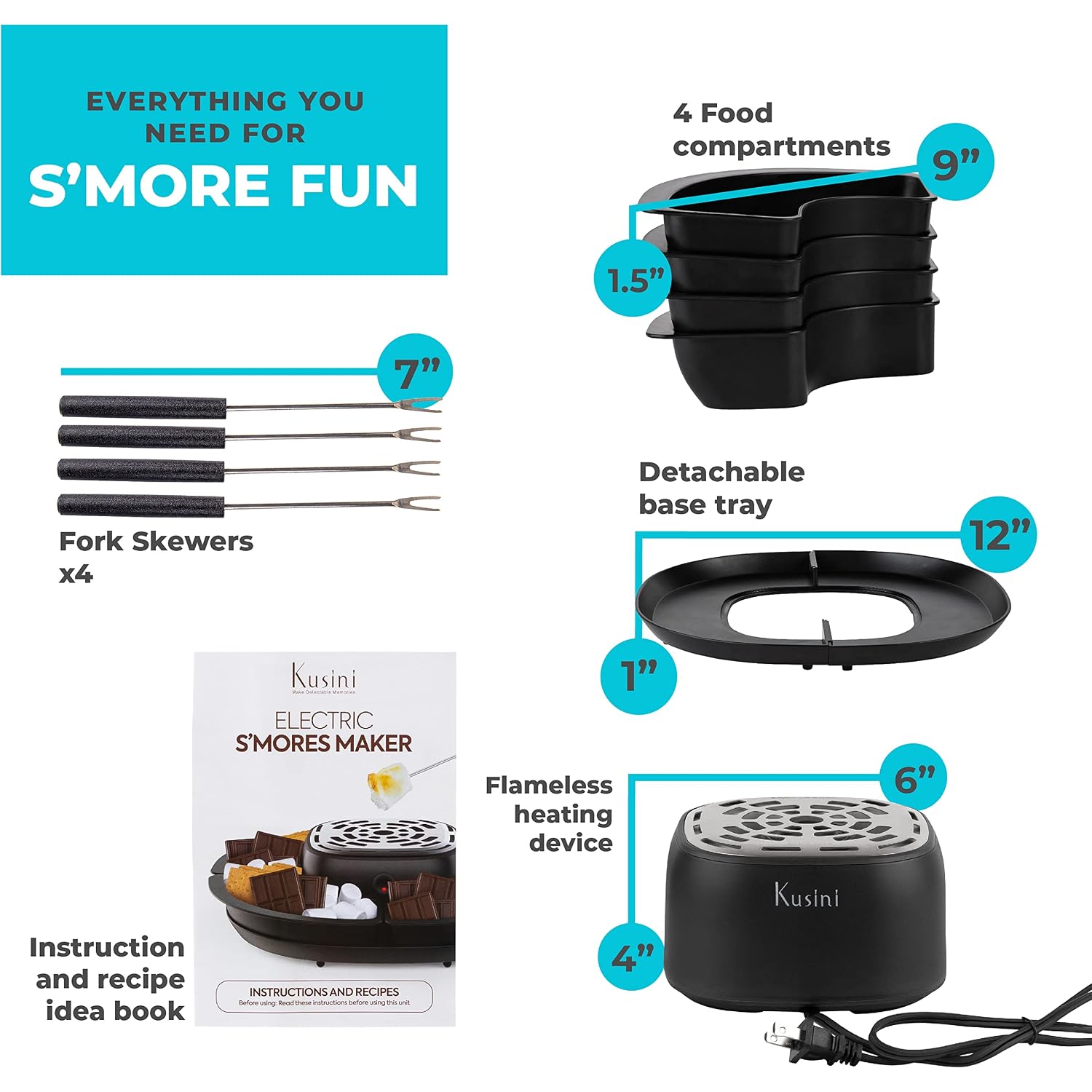 Smores Maker Tabletop Indoor - Flameless Electric Marshmallow Roaster – 4 Detachable Trays & 4 Roasting Forks – Gift Set & Date Night Idea. Movie Night Supplies & Housewarming Gift
