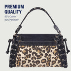 True Religion Denim Eyelet Trim Flap Bag, Studded Lace-Up Crossbody Shoulder Handbag With Horseshoe Logo, Leopard