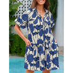 Wenrine Women'S Summer Button Down Shirt Dress Floral Puff Short Sleeve Casual Loose Fit Beach Mini Dresses