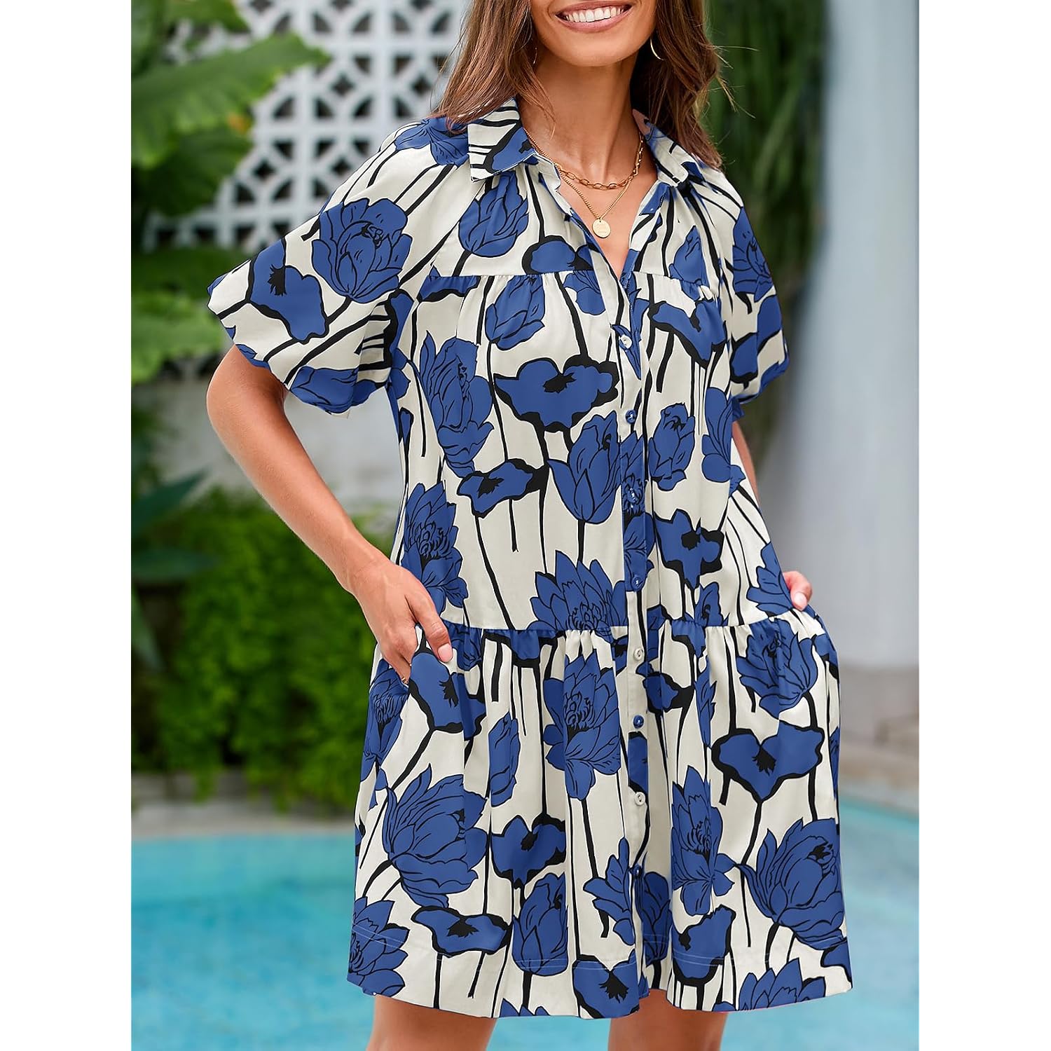 Wenrine Women'S Summer Button Down Shirt Dress Floral Puff Short Sleeve Casual Loose Fit Beach Mini Dresses