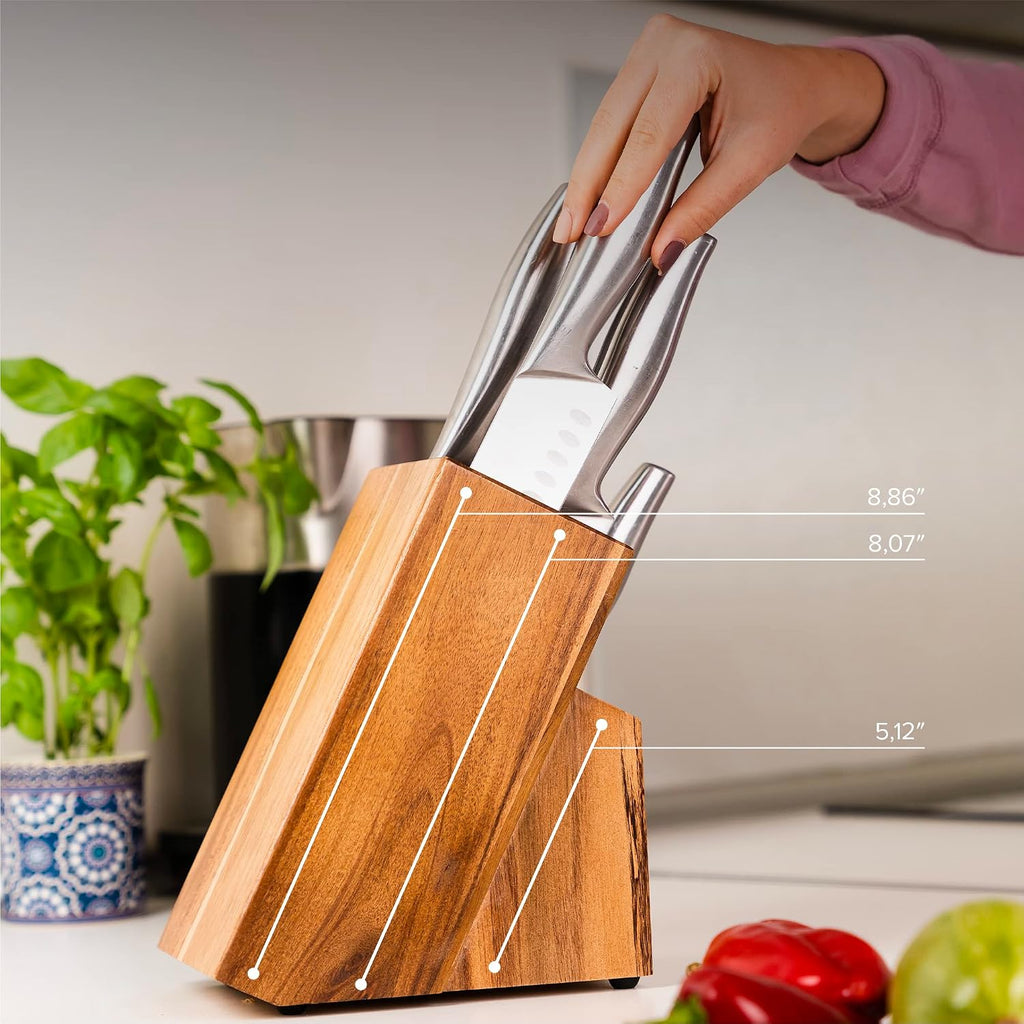 Acacia Wood Kitchen Knife Block - 15 Slots Knife Holder - Professional Quality Wood Knife Organizer - Secure Knife Stand To Keep Knives Neat & Sharp - Knife Blocks For Kitchen Knife Storage