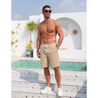 Coofandy Men'S Casual Cotton Linen Shorts Elastic Waist Drawstring Shorts Summer Beach Vacation