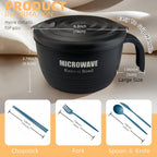 Layron Large Ramen Bowl, Ramen Noodle Bowls Microwavable 45 Oz, Ramen Cooker, Microwave Pasta Cooker, Ramen Bowl Microwave Gift For College Male Female Dorm Room (Black)