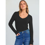 Long Sleeve Shirts for Women V Neck Ribbed Knit Fitted Fall Basic Tshirts Going Out Tops 2026 Casual Trendy Clothes