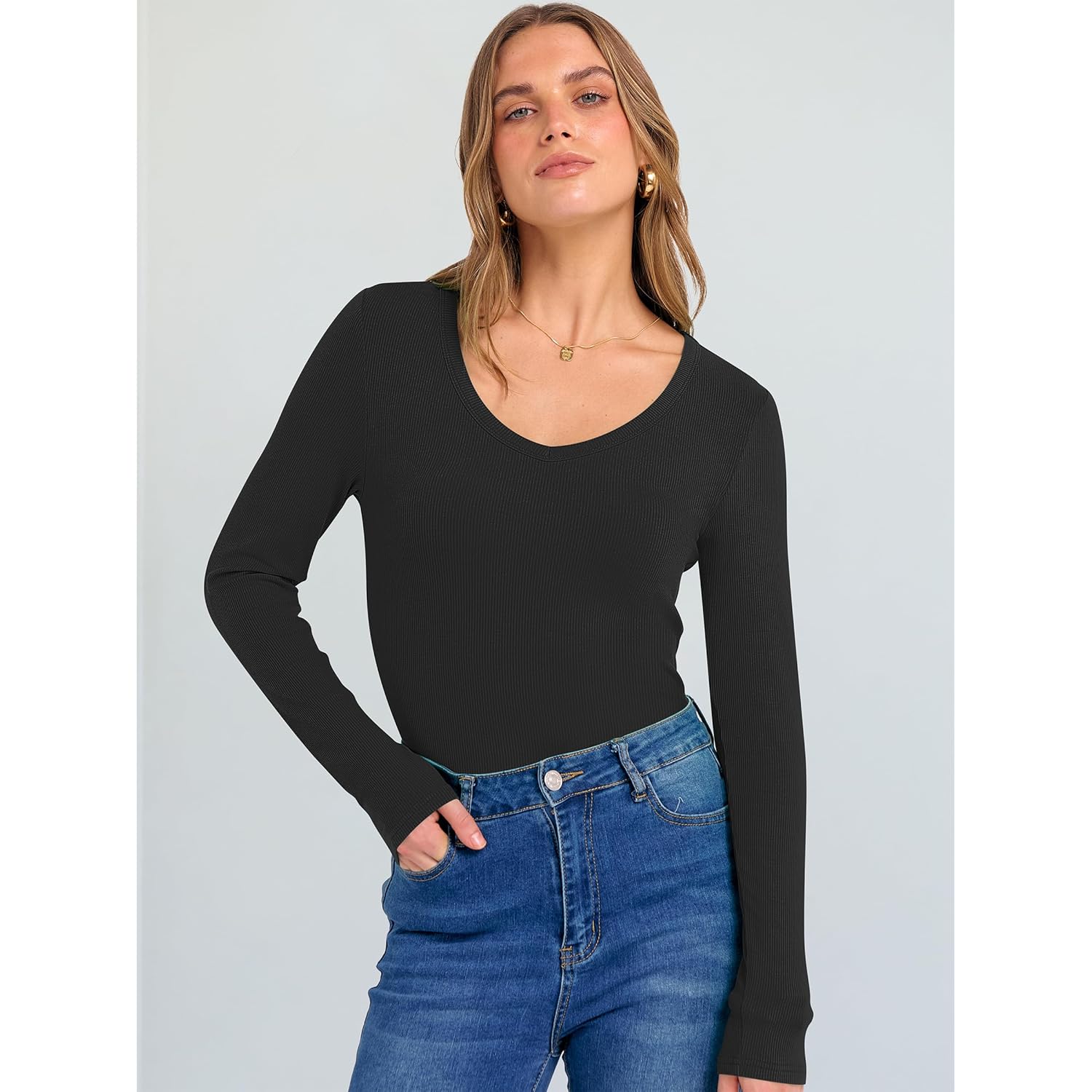 Long Sleeve Shirts for Women V Neck Ribbed Knit Fitted Fall Basic Tshirts Going Out Tops 2026 Casual Trendy Clothes