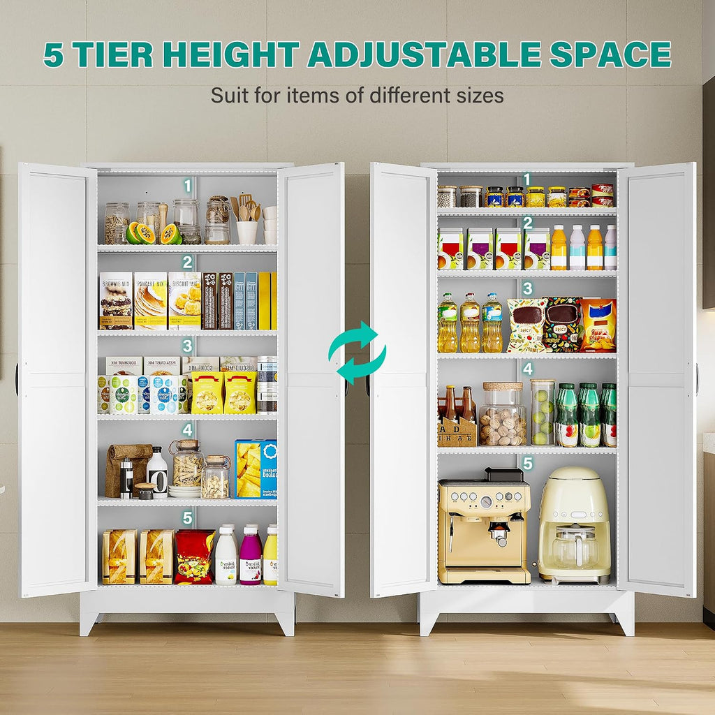 75" Tall Pantry Cabinet,Farmhouse Kitchen Pantry Storage Cabinets With 2 Doors And 5 Shelves,White Metal Storage Cabinet,Large Cupboard For Home,Kitchen,Dining/Living Room