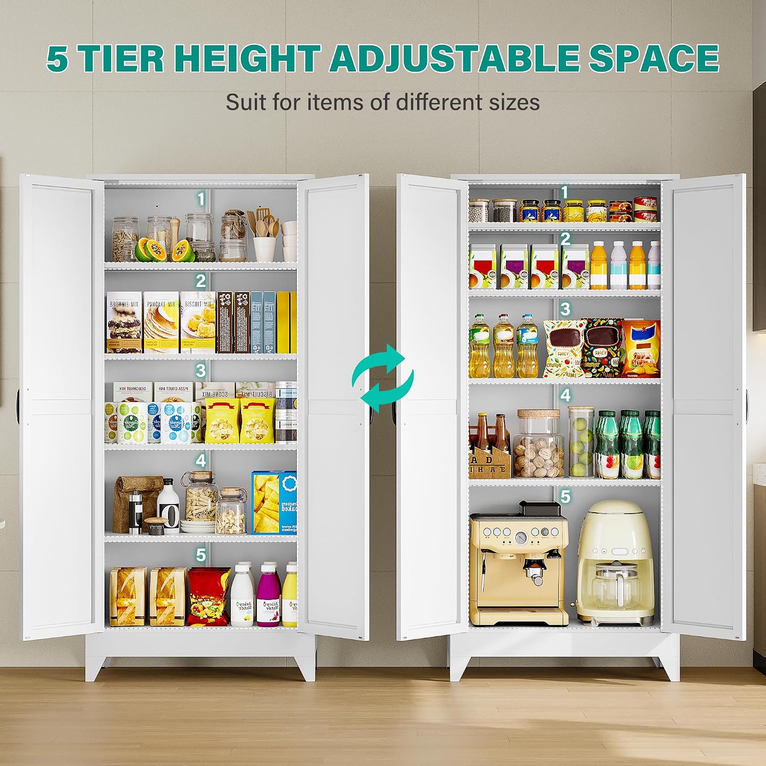 75" Tall Pantry Cabinet,Farmhouse Kitchen Pantry Storage Cabinets With 2 Doors And 5 Shelves,White Metal Storage Cabinet,Large Cupboard For Home,Kitchen,Dining/Living Room