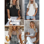 Ficerd 4 Pack Women's Cotton T Shirts Casual Short Sleeve Tunic Tops Crewneck Plain Summer Loose Fit Rolled Sleeve Basic Tee