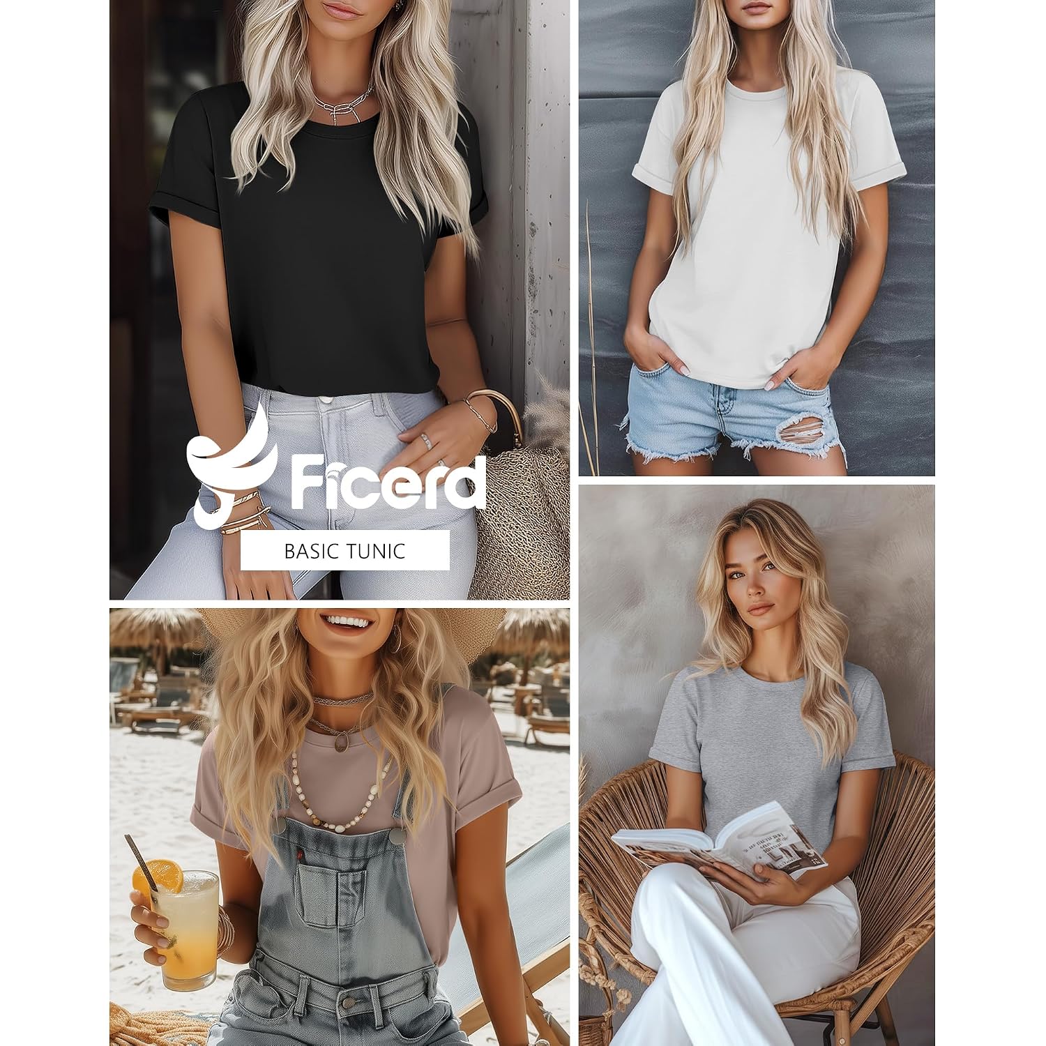 Ficerd 4 Pack Women's Cotton T Shirts Casual Short Sleeve Tunic Tops Crewneck Plain Summer Loose Fit Rolled Sleeve Basic Tee