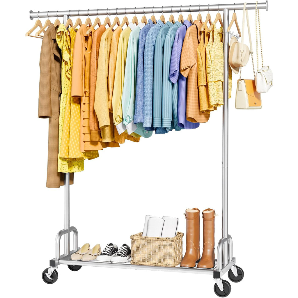Clothes Rack - Large-Capacity Clothing Racks For Hanging Clothes With Lockable Wheels, Space-Saving Metal Coat Rack For Bedroom, Laundry Room, Entryway, 45.6" X 16.9" X 59", Silver