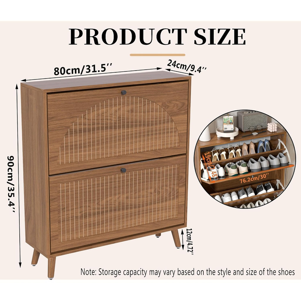 Fsbecl Shoe Storage Cabinet For Entryway With 2 Flip Drawers, Narrow Wood Shoe Cabinet With Fluted Panel, Freestanding Hidden Shoe Organizer For Foyer, Hallway (Walnut)