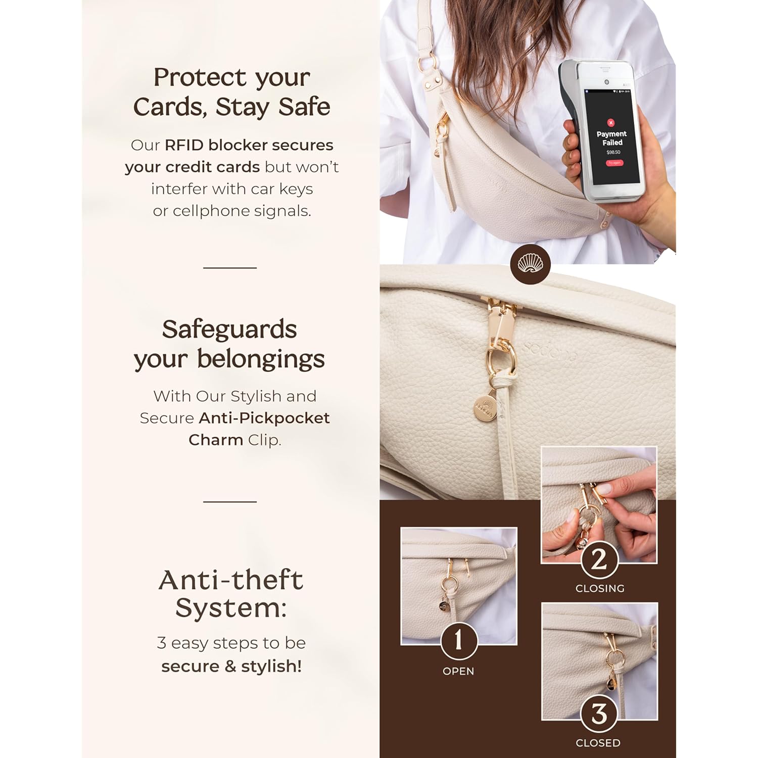 Anti Pickpocket Bag - Ivory RFID Crossbody Bag for Travel, Adjustable Strap Multiple Compartments Anti Theft Crossbody Bags for Women Travel Size Essentials Crossbody Bags for Women Large Size