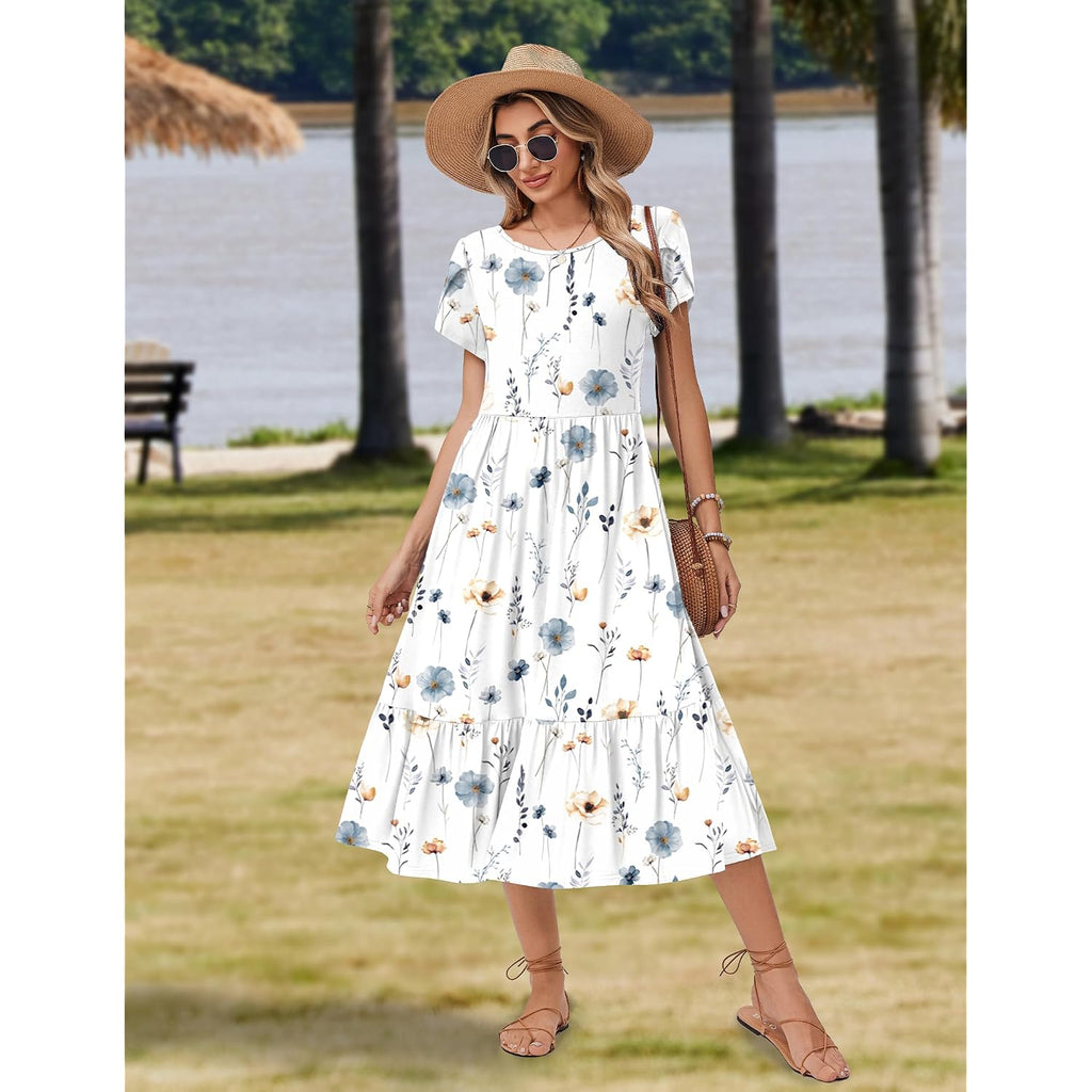 Zeagoo Women Summer Midi A Line Dress Short Sleeve Casual Flowy Tiered Beach Long Sundress With Pockets 2026 Vacation Travel