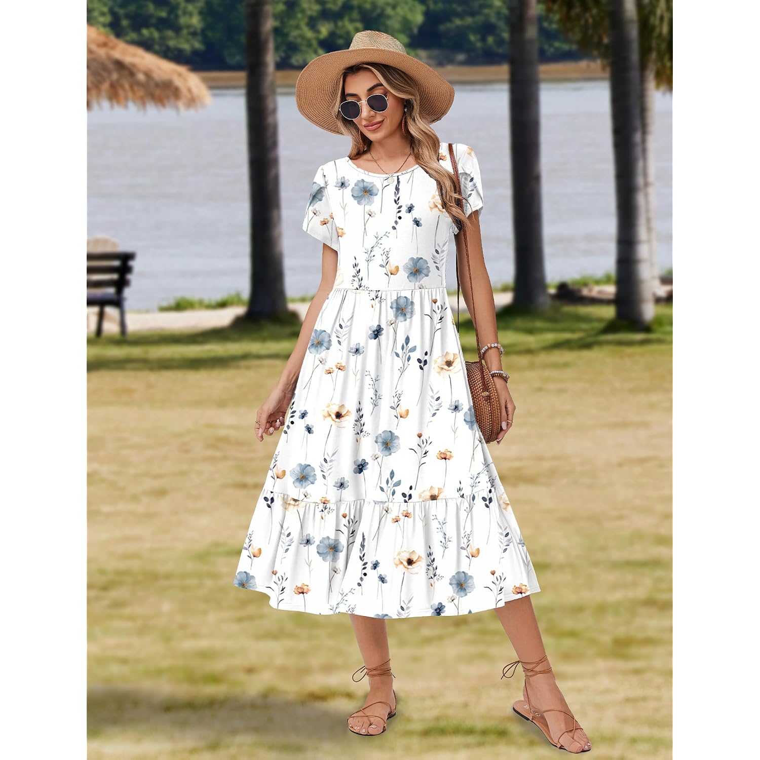 Zeagoo Women Summer Midi A Line Dress Short Sleeve Casual Flowy Tiered Beach Long Sundress With Pockets 2026 Vacation Travel