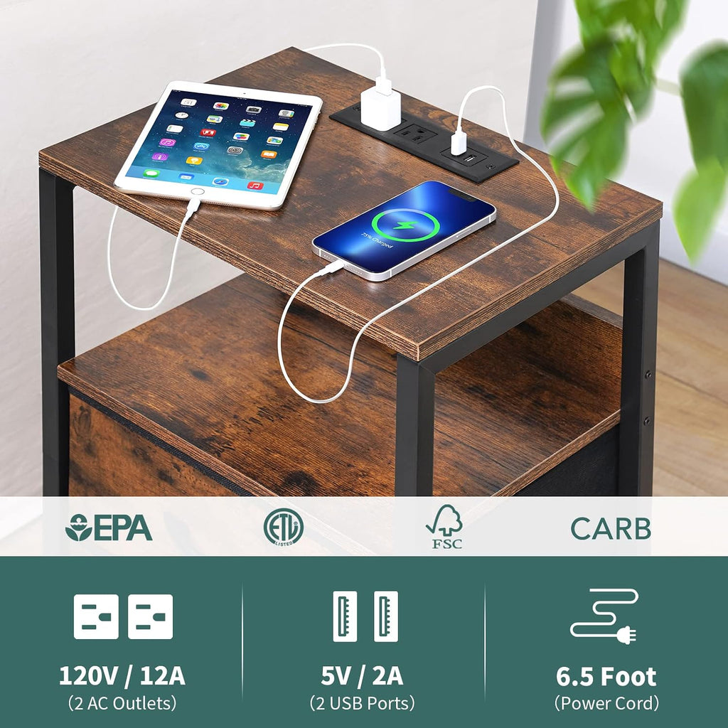 Yoobure Nightstand With Charging Station, Small Night Stand With Fabric Drawers And Storage Shelf For Bedrooms, Small Spaces, Bedside Table With Usb Ports & Outlets