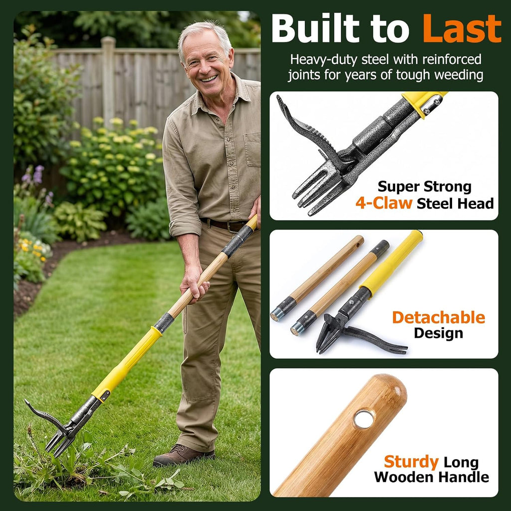 Weed Puller Tool Stand Up With Slide-Release Ejection, Reinforced Steel Weeder With 3-Section Long Handle, No-Touch Cleaning For Lawn & Garden, Heavy Duty No Bend Weeding Tool For Dandelions, Thistles